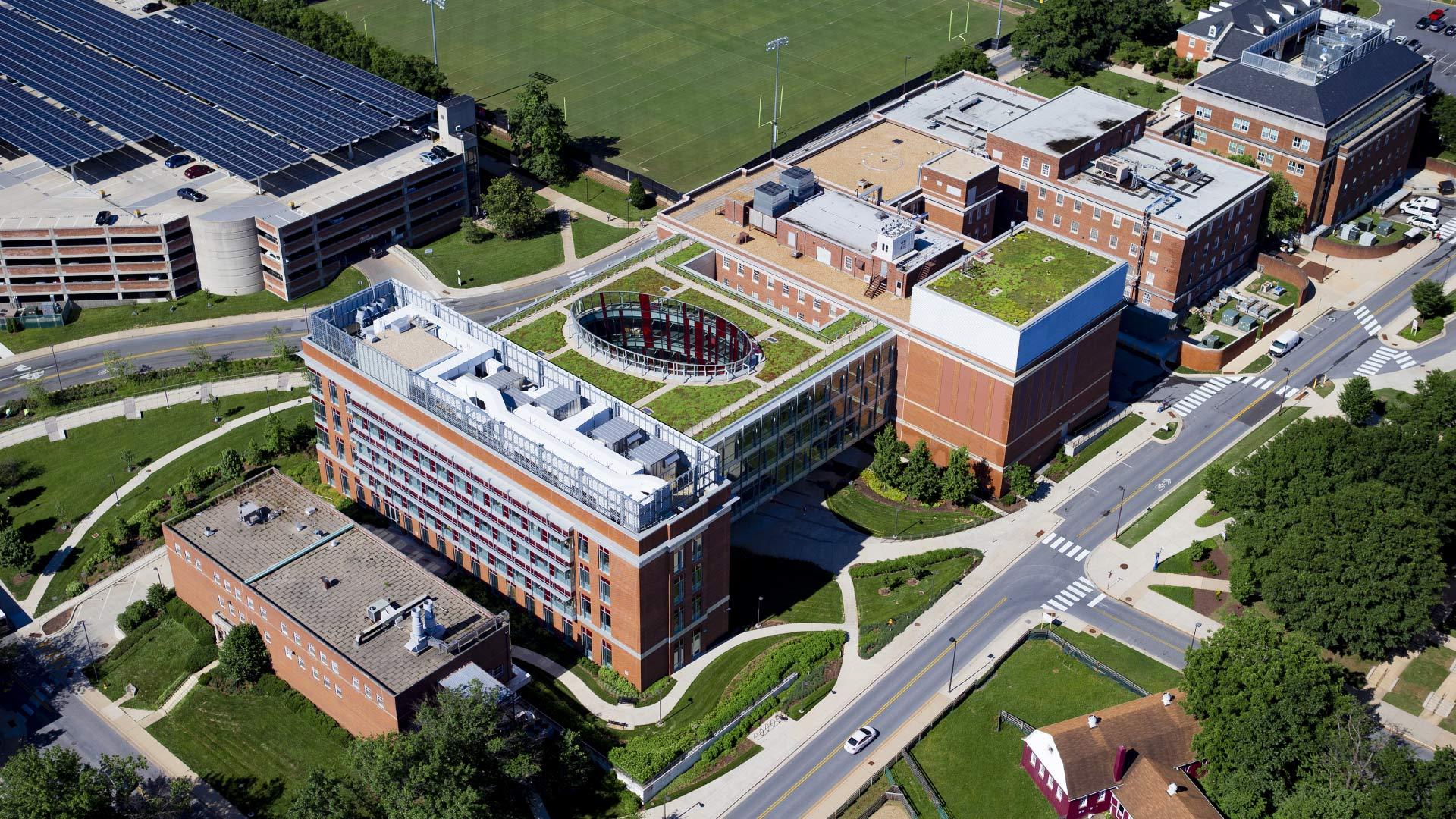 A roof garden on top of the Physical Sciences Complex and solar panels atop of Regent's Drive Garage both play a part in the University's drive to reduce greenhouse emissions. (Photo by John T. Consoli)